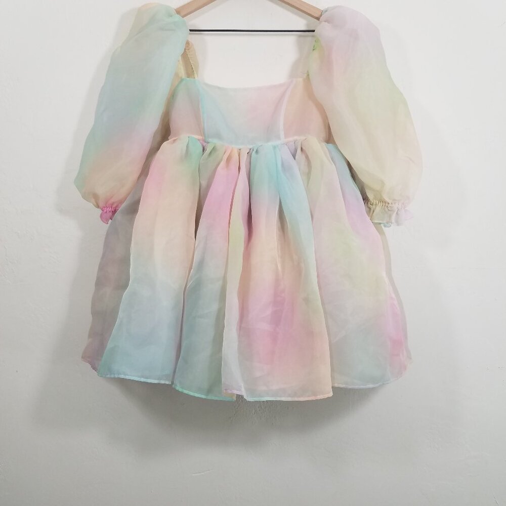Selkie Rainbow Multicolor Puff Sleeve Mini Dress Square Neck Size S - Picture 5 of 9